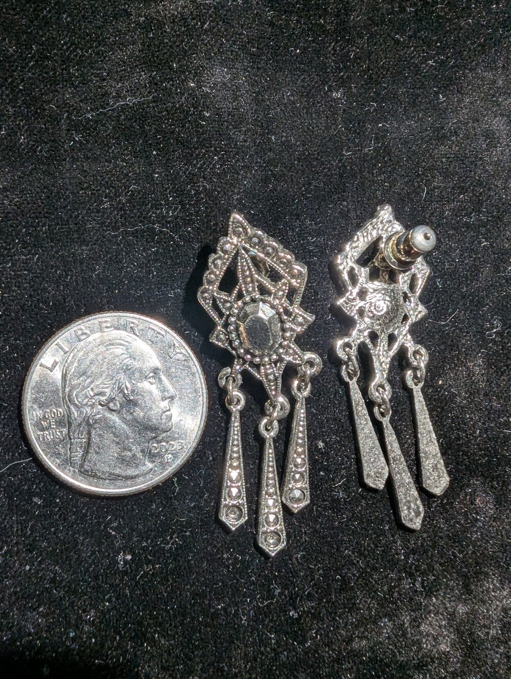 Silver-Tone Marcasite Drop Earrings - Elegant Vintage Style - Picture 3 of 3